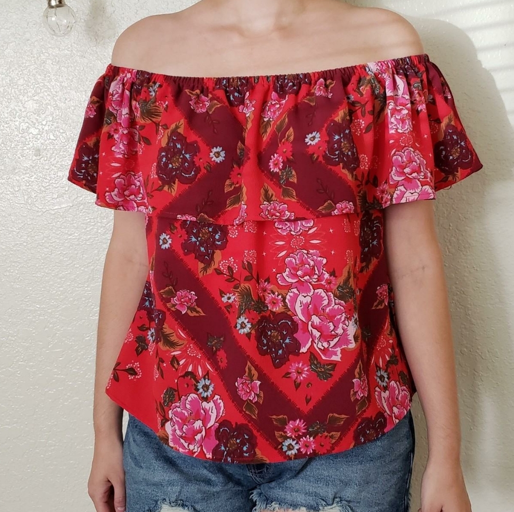 Shyanne Red Floral Off-Shoulder Ruffle Blouse